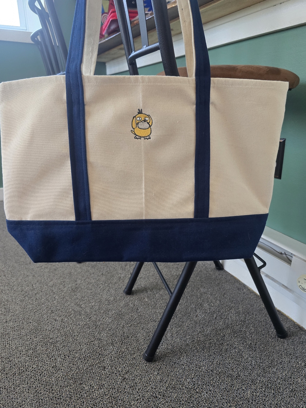 Canvas Tote Bag with Psyduck Pokemon Embroidery - Navy Trim